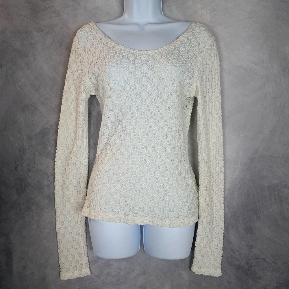 Anne Fontaine Top Womens 4 White Sheer Lace Floral Scoop Neck Long Sleeve Blouse